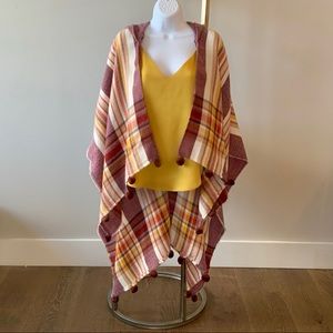 HOODED PONCHO / RUANA WITH POM POM DETAIL